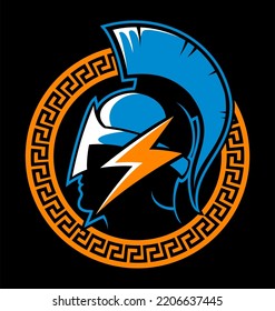 Ancient greek, spartan helmet vector image with a round greek ornament, greek style logo concept. Isolated on black background.