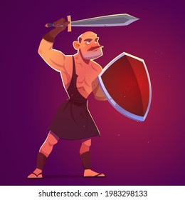 Ancient greek, spartan or roman warrior, gladiator with sword and shield. Vector cartoon illustration of antique brave man, trojan or barbarian soldier from history or mythology