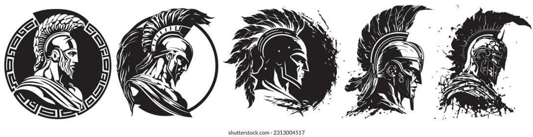 Ancient greek Spartan warrior man heads vector illustration silhouette