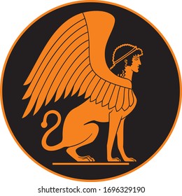 Ancient Greek Sphinx ceramic red figure vase paint style vector illustration, a Demon of Esoteric Wisdom in the Greece mythology with the body of a lion, the head of a woman and the wings of an eagle 