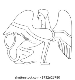 Ancient Greek sphinx. Fantastic female winged cat woman. Vase painting style. Antique mythological creature. Black and white linear silhouette.