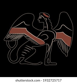 Ancient Greek sphinx. Fantastic female winged cat woman. Vase painting style. Antique mythological creature.