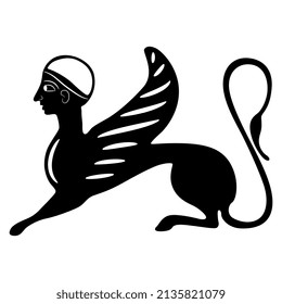 Ancient Greek sphinx. Fantastic winged cat with female head. Ethnic vase painting style. Black and white silhouette.