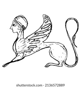 Ancient Greek sphinx. Fantastic winged cat with female head. Ethnic vase painting style. Hand drawn linear doodle rough sketch. Black silhouette on white background.