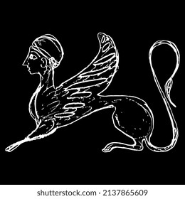 Ancient Greek sphinx. Fantastic winged cat with female head. Ethnic vase painting style. Hand drawn linear doodle rough sketch. White silhouette on black background.