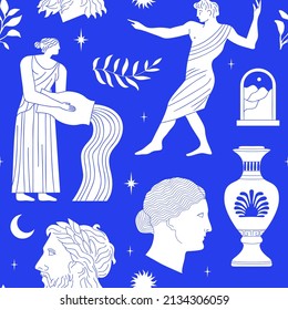 Ancient greek statue and classic vintage monument seamless pattern. Blue greece culture background illustration. Historical flat cartoon drawing.