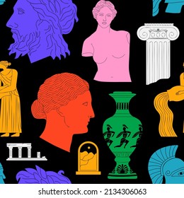 Ancient greek statue and classic vintage monument seamless pattern. Colorful greece culture background illustration. Historical flat cartoon drawing.