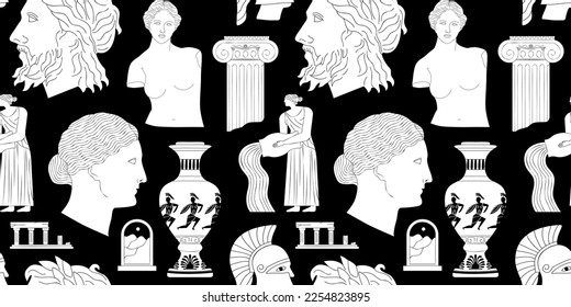 Ancient greek statue and classic vintage monument seamless pattern. Black and white greece culture background illustration. Historical flat cartoon drawing.