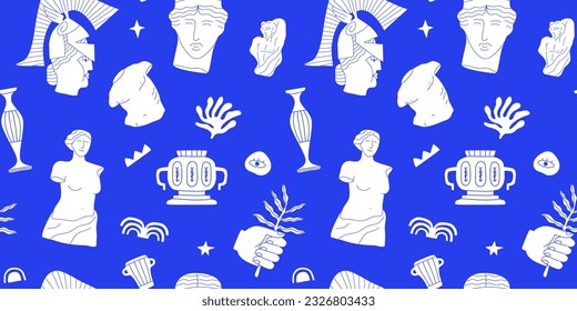 Ancient greek statue and classic vintage monument seamless pattern. Blue greece culture background illustration. Historical flat cartoon drawing.