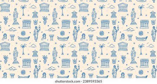 Ancient greek statue and classic vintage monument seamless pattern. Blue greece culture background illustration. Historical flat cartoon drawing wallpaper print texture.