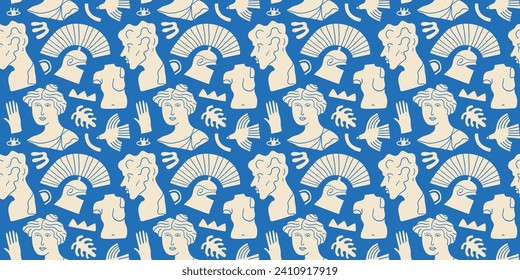Ancient greek statue and classic vintage monument seamless pattern. Blue greece culture background illustration. Historical flat cartoon drawing.
