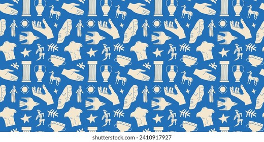 Ancient greek statue and classic vintage monument seamless pattern. Blue greece culture background illustration. Historical flat cartoon drawing.