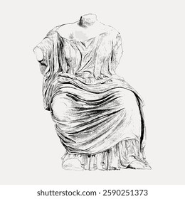 Ancient Greek statue sketch of a draped figure. Classical art, Greek sculpture, detailed drapery. Timeless Greek art, elegant statue, historical sculpture. Vintage illustration isolated, vector.