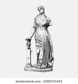 Ancient Greek statue of a woman in a flowing dress. Greek art, Greek sculpture, history. Classic style, culture,  influence. Vintage woman illustration isolated, vector.