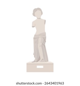 Estátua grega antiga de uma mulher em um pedestal com braço faltando, coberto em roupas clássicas
