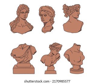 Ancient Greek statues of goddess or nymph, vector terracotta line and solid silhouettes antique sculptures of female busts figures, hand drawn bodies isolated clip art