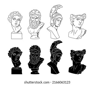 Ancient Greek statues of a gods and a heros, vector black white line and solid silhouettes antique sculptures of male busts figures, hand drawn bodies isolated clip art bundle