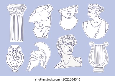 Ancient greek statues. Hand drawn one line antique sculptures, mythology characters knight amphora column. Vector art