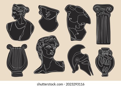 Ancient greek statues. Hand drawn one line antique sculptures, black mythology characters. Vector art