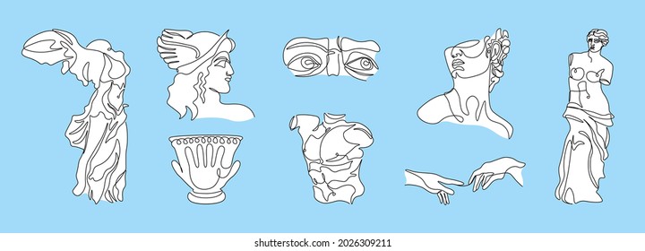 Ancient greek statues in one line style. Hand drawn antique sculptures, mythology characters vase hands eyes. Vector art