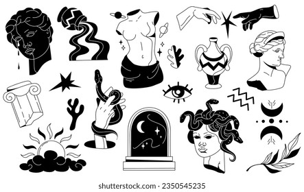 Estatuas griegas antiguas y conjunto místico de escultura vectorial. Objetos de diseño psicodélico negro sobre fondo blanco. Elementos retro futuristas dibujados a mano. Cabezas de Grecia, cisternas, columnas y jarrones