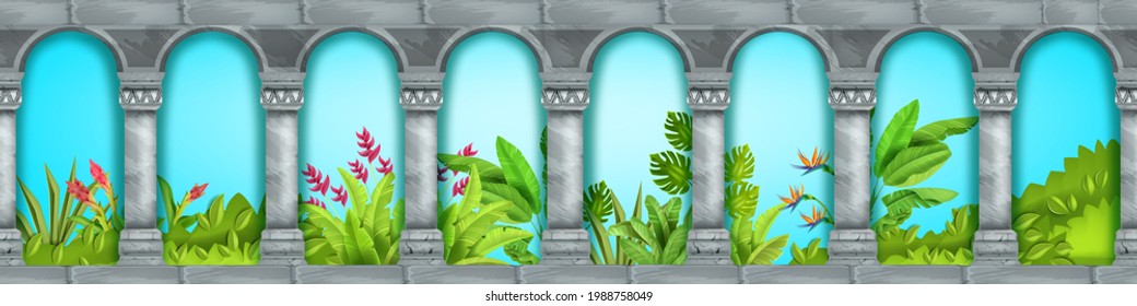 Ancient Greek stone arch seamless background, vector marble palace pillars, summer garden flowers. Classic antique column portal, vintage terrace, green bushes. Stone arch, jungle leaf, paradise plant