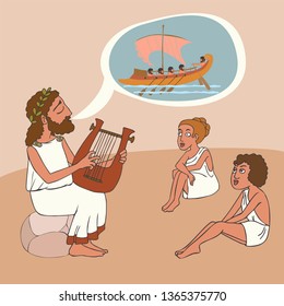 ancient greek story telling tradition, vector cartoon illustration of bard perfomance