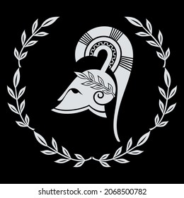 Ancient Greek style design. Ancient Greek Spartan helmet and laurel wreath, isolated on black, vector illustration