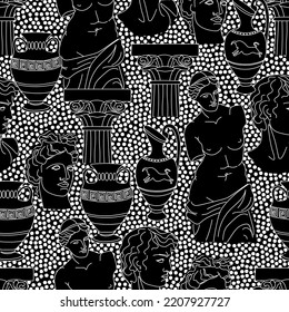Ancient Greek style. Hand drawn fashion illustration. Square vector seamless pattern. Background, wallpaper, poster template.
