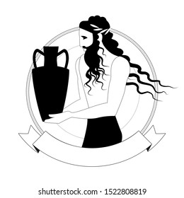 Ancient Greek style man with a beard, long hair and laurel wreath holding an amphora, in an ornamental circle, isolated on white background.