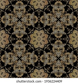 Ancient greek style seamless pattern. Floral ornamental background. Repeat vector greek backdrop. Geometric ornament with vintage flowers, leaves, meanders, mazes, shapes. Modern ornate luxury design.