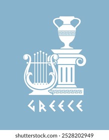 ancient greek symbol with column, amphora and lyre isolated on blue background