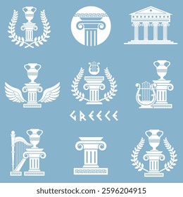 ancient greek symbols with column, amphora and laurel isolated on blue background