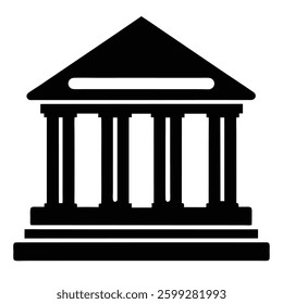 Ancient Greek temple, classical architecture, pillars, pediment, black and white icon,