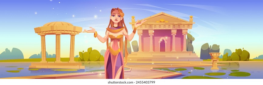 Antiguo templo griego con fondo de Vector de la diosa. Edificio monumental romano y hermoso dios femenino. Fantasía mitología partenón ilustración de paisaje. Camino al mítico símbolo arqueológico del cielo