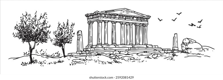 ancient greek temple with olive trees in sketch style