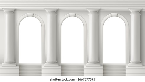 Ancient Greek Temple With Pillars. Vector Realistic Antique Building Front With White Marble Arches And Columns With Capital In Doric Style. Background With Roman Palace Entrance