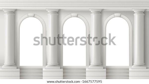 Ancient greek
temple with pillars. Vector realistic antique building front with
white marble arches and columns with capital in doric style.
Background with roman palace
entrance