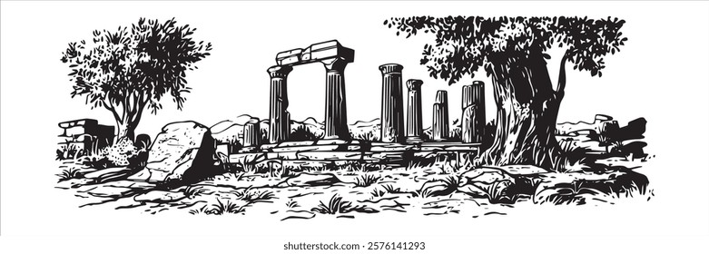 ancient greek temple ruins with columns and trees in black and white style