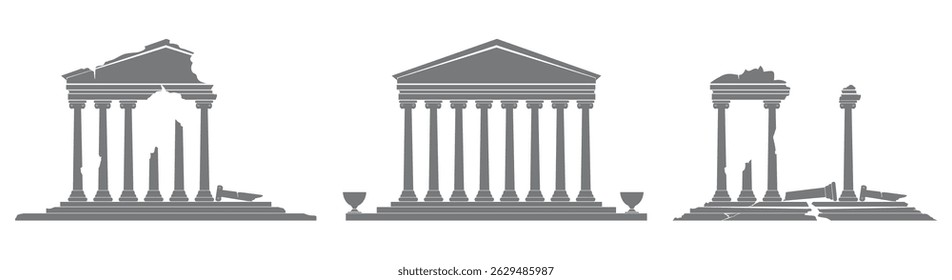 Ancient greek temple set. Whole ruined destroyed antique buildings isolated vector illustration