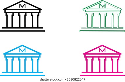 Ancient Greek temple, simple line drawing, iconic columns, pediment roof, minimalist design, architectural sketch, colorful variations, neon outlines, classical structure, museum icon, banking symbol,