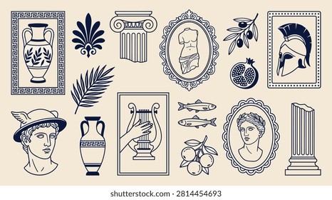 Ancient Greek themed decorative elements set with minimalist line style, statues, classical architecture, vases, laurel, masks, and fruit.