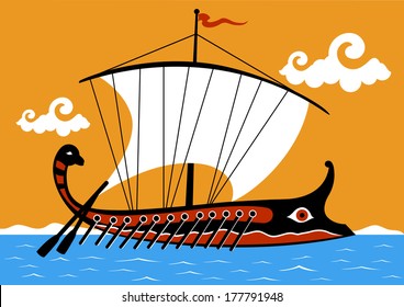 Altes griechisches Trireme Schiff, das auf dem Meer segelt.  Vektorgrafik.