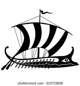 Ancient Greek trireme. Vector black and white illustration.