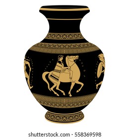 Ancient Greek vase depicting national ornaments and warrior on the horse.