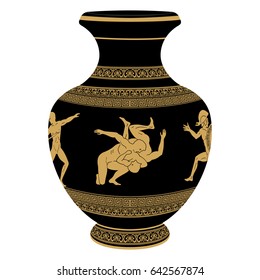 Ancient Greek vase depicting national ornaments and two men in the struggle.