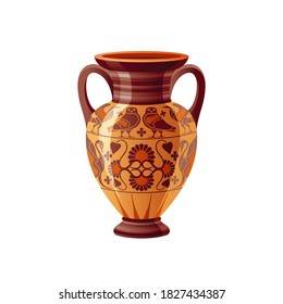 Ancient Greek vase. Pottery vector. Antique jug from Greece. Old clay amphora, pot, urn or jar for wine, olive oil. vintage ceramic icon isolated. Flat cartoon art, ornament decoration, owl, flower