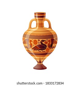 Ancient Greek vase. Pottery vector. Antique jug from Greece. Old clay amphora, pot, urn or jar for wine and olive oil. vintage ceramic icon isolated. Flat cartoon art with ornament decoration