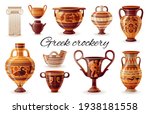 Ancient Greek vase set. Pottery vector. Antique jug from Greece. Old clay amphora, pot, urn, jar for wine, olive oil, cup, column. vintage ceramic icon isolated. Flat cartoon art, ornament decoration