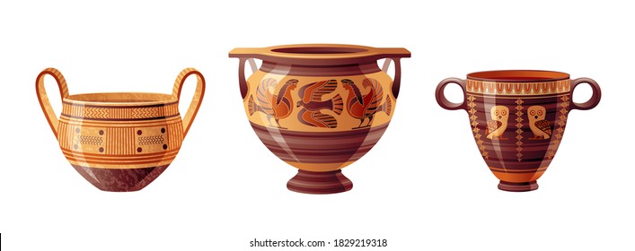 Ancient Greek Vase Set. Pottery Vector. Antique Jug From Greece. Old Clay Amphora, Pot, Urn Or Jar For Wine And Olive Oil. Vintage Ceramic Icon Isolated. Flat Cartoon Art With Ornament Decoration